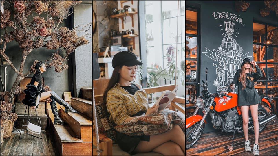Woodstock Coffee với xe Volkswagen và hoa giấy rực rỡ