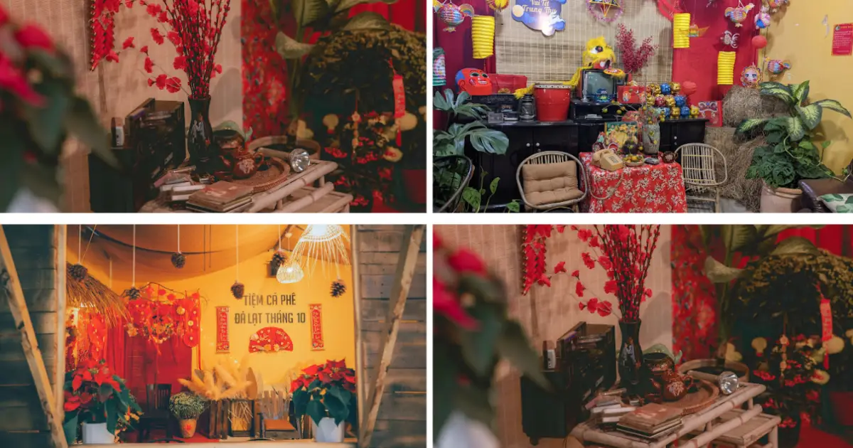 Tiệm cà phê Đà Lạt tháng 10 với cành mai vàng và đèn lồng